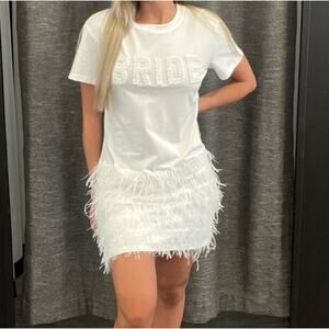 Why Dress White Beaded Feathered Bride Drop Waist Shift Dress Sz L
